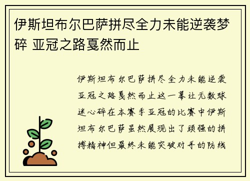 伊斯坦布尔巴萨拼尽全力未能逆袭梦碎 亚冠之路戛然而止