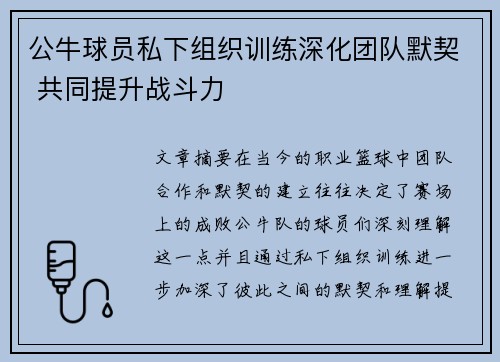 公牛球员私下组织训练深化团队默契 共同提升战斗力