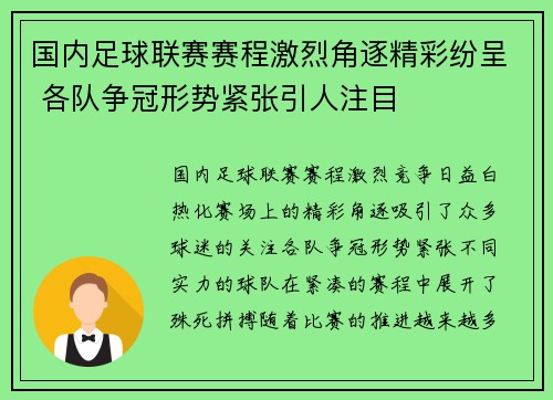国内足球联赛赛程激烈角逐精彩纷呈 各队争冠形势紧张引人注目