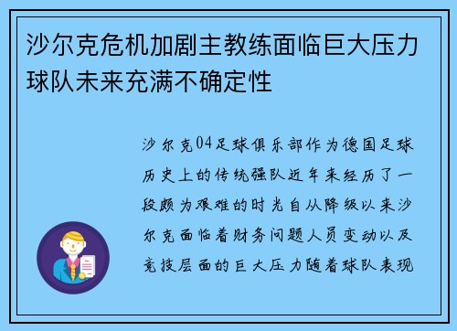 沙尔克危机加剧主教练面临巨大压力球队未来充满不确定性 沙尔克危机加剧主教练面临巨大压力球队未来充满不确定性