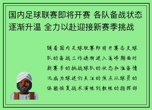 国内足球联赛即将开赛 各队备战状态逐渐升温 全力以赴迎接新赛季挑战 国内足球联赛即将开赛 各队备战状态逐渐升温 全力以赴迎接新赛季挑战
